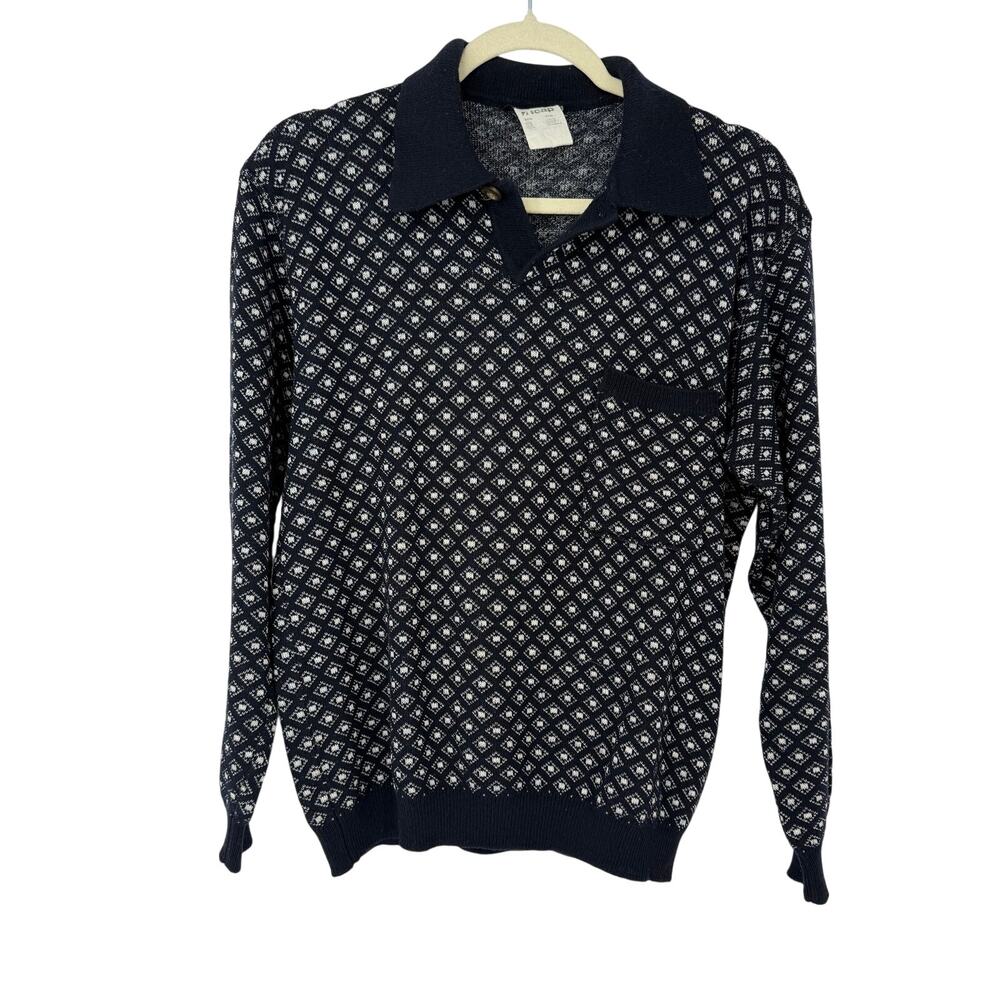 Vintage Giorgio Armani Italy Wool Cotton Geometric Knit Polo Sweater Dark Navy
